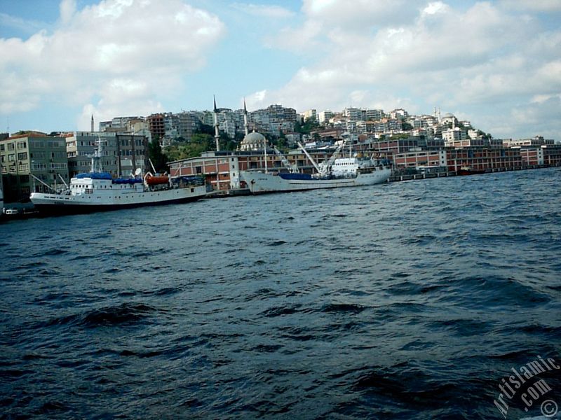 View of Karakoy coast from the Bosphorus in Istanbul city of Turkey.
