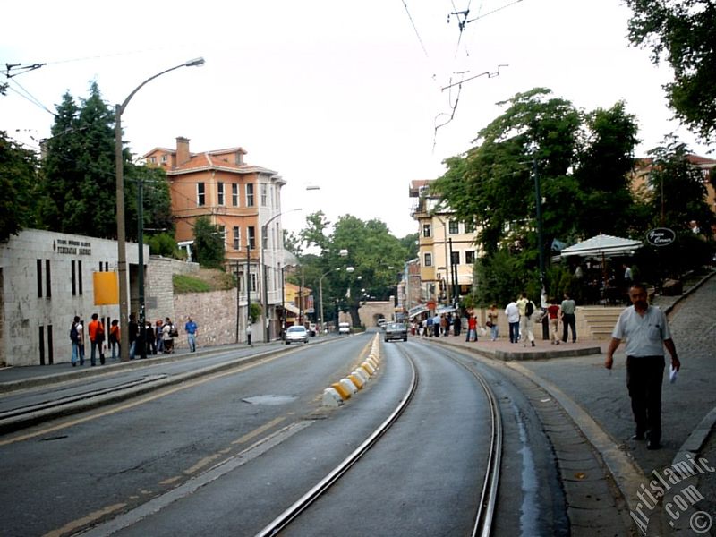 The way of tram and historical Yerebatan Cistern in Sultanahmet district of Istanbul city of Turkey.
