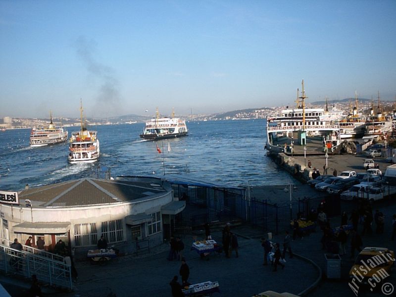 View of jetties and coast from an overpass at Eminonu district in Istanbul city of Turkey.
