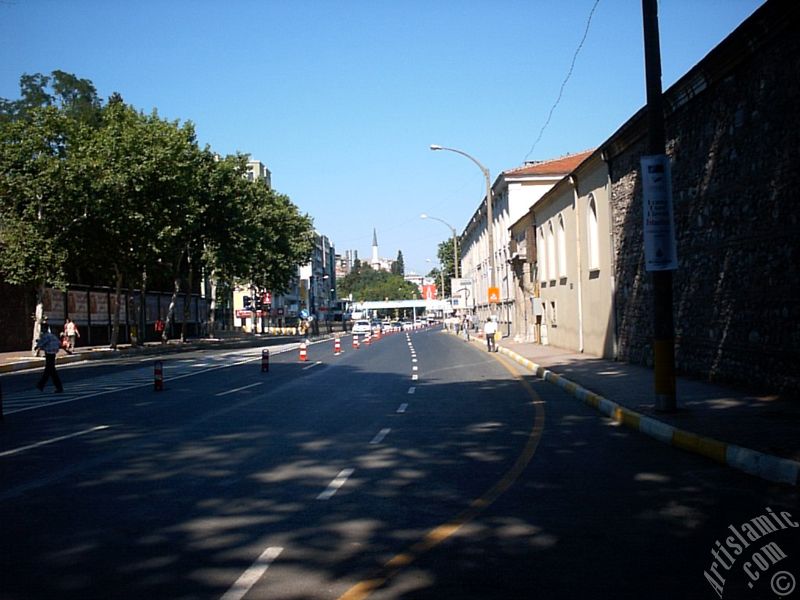 View towards Besiktas district from the way of Dolmabahce-Besiktas in Istanbul city of Turkey.
