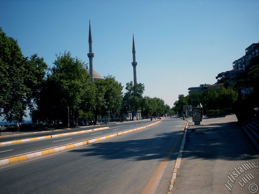 View of Dolmabahce coast and Valide Sultan Mosque in Dolmabahce district in Istanbul city of Turkey.
